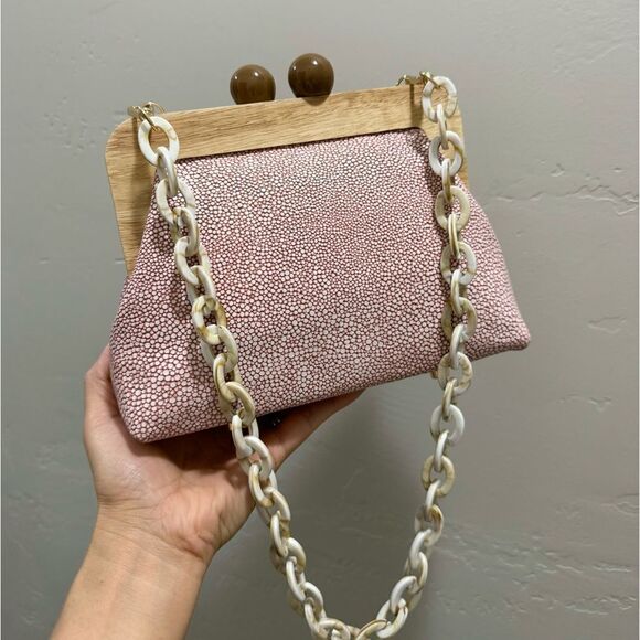 Pink Handmade Embossed Cowhide Wooden Frame Purse/with 2 Chain Styles - Picture 7 of 15